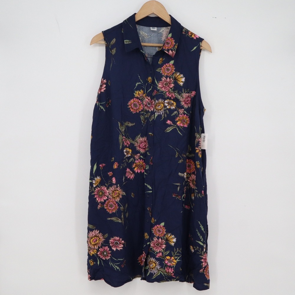 Old Navy Shirt Dress Womens L Sleeveless Navy Blue Floral Button-Down New
